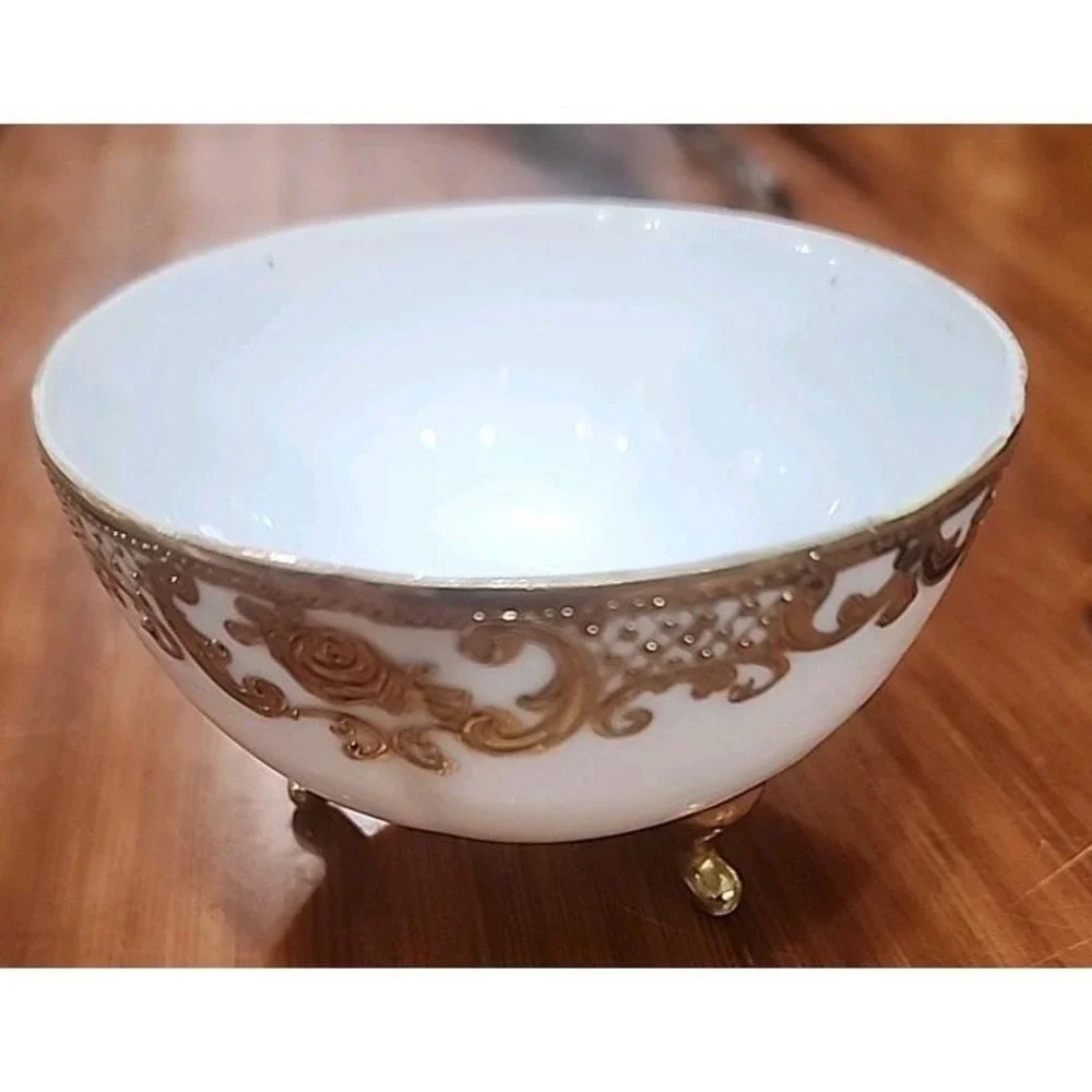 Vintage Nippon Gilt Footed Candy Trinket Dish Bowl Handpainted Gold Floral Japan
